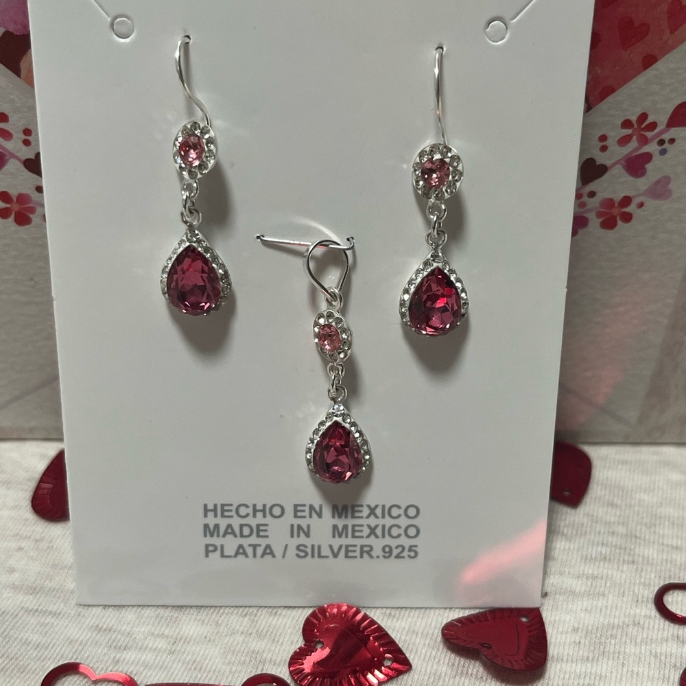 Sterling Silver Pink Teardrop Dangle Earrings and Pendant Set